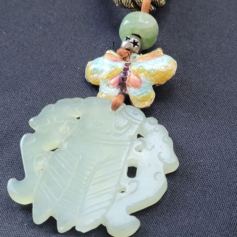 Vintage Chinese Carved Jade Cicada Pendant Cloisonne Butterfly Silk Cord